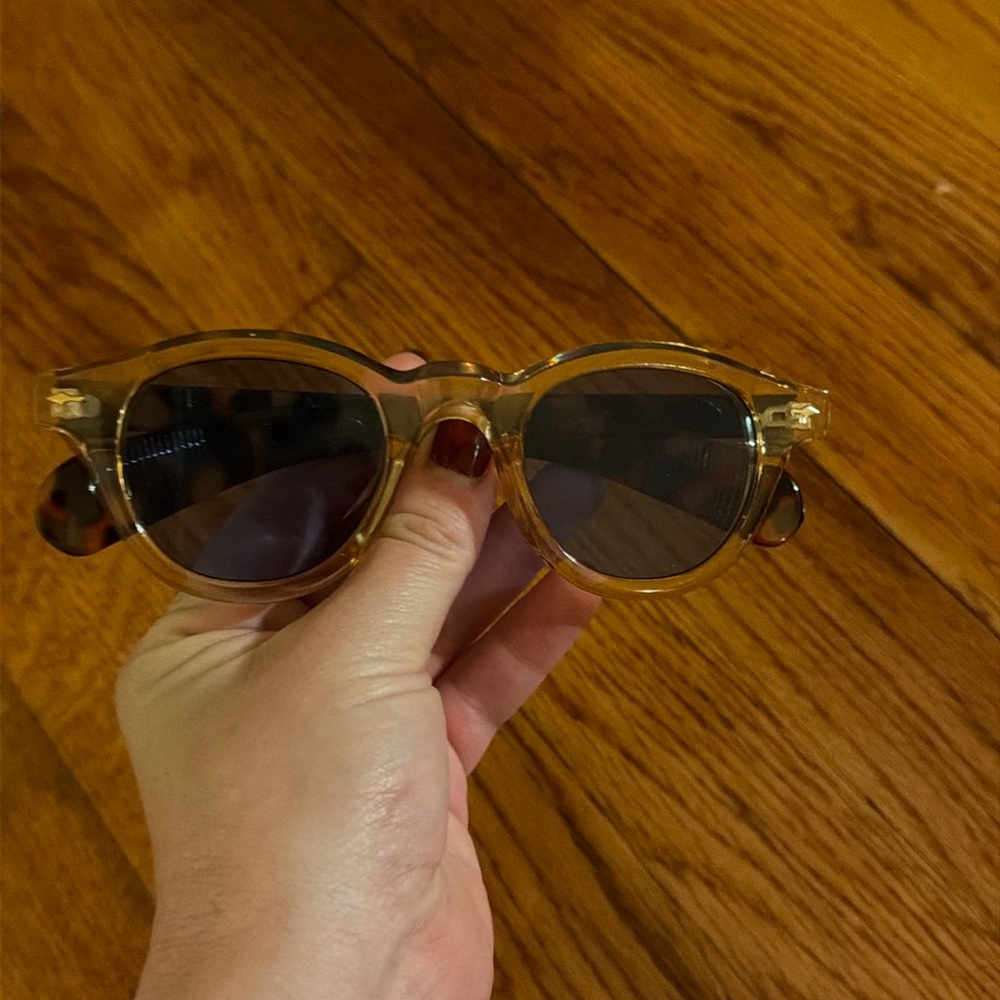 Sunglasses! Blue lens, yellow frame, tortoise ear piece